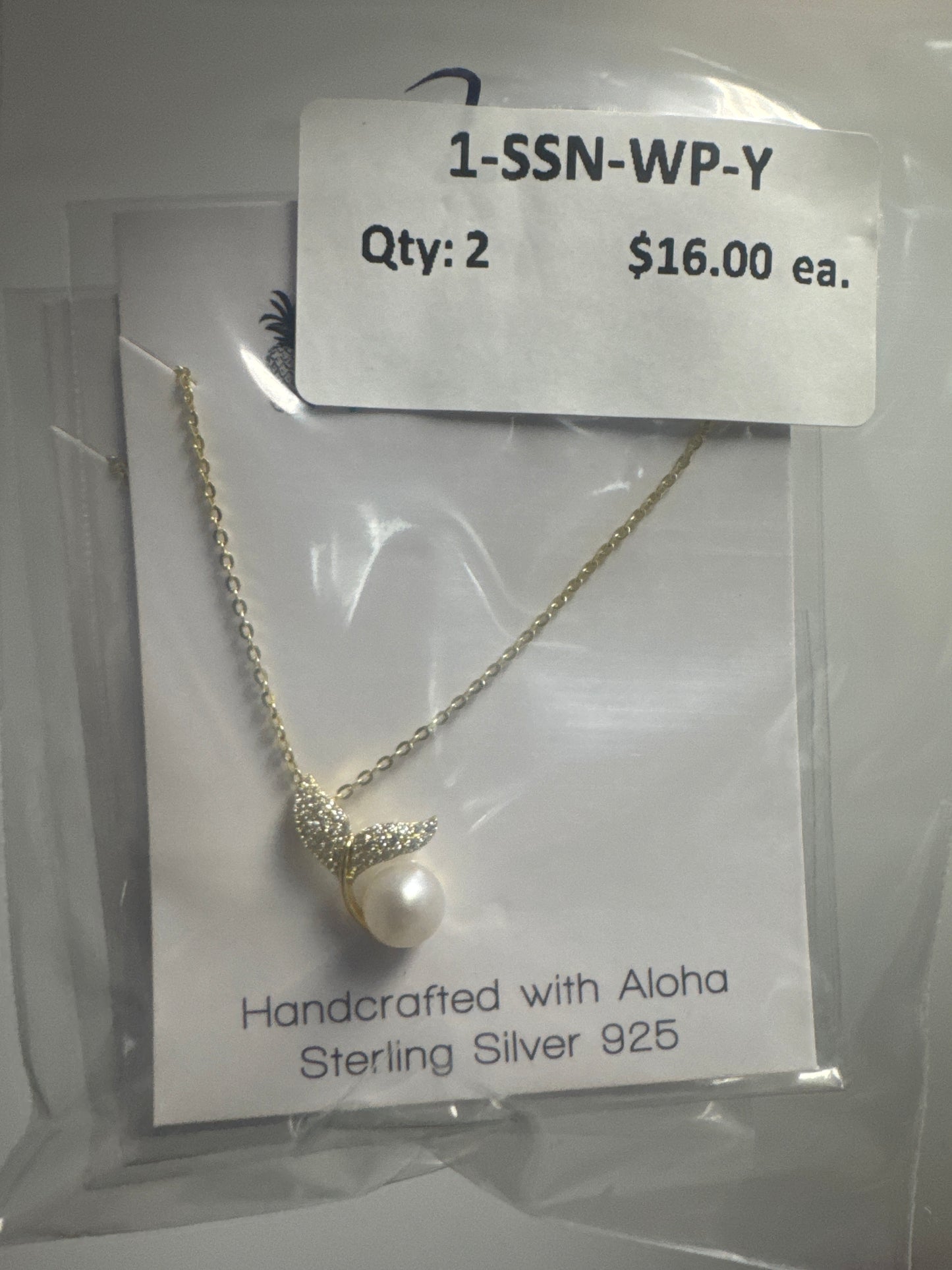 SS925 CZ Necklace - Whale Tail Wrapped Pearl (Yellow)