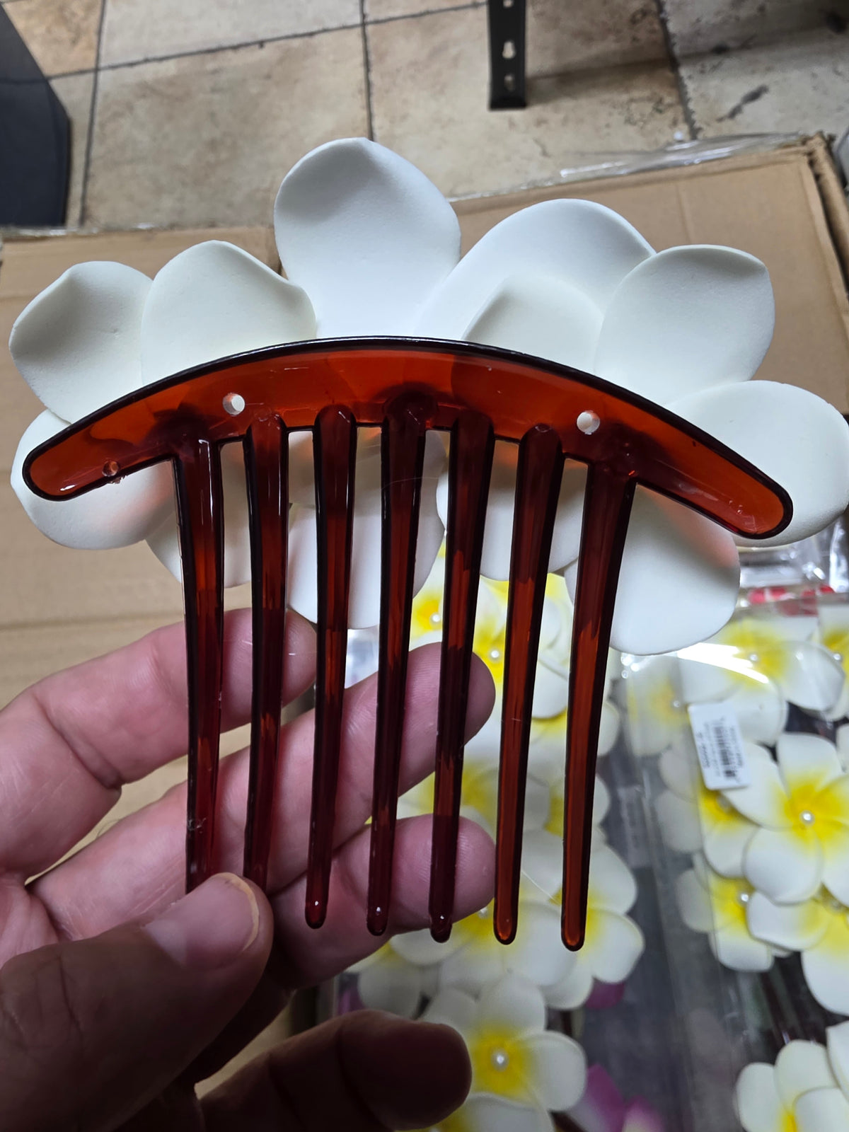 White and yellow beaded foam flower hair comb