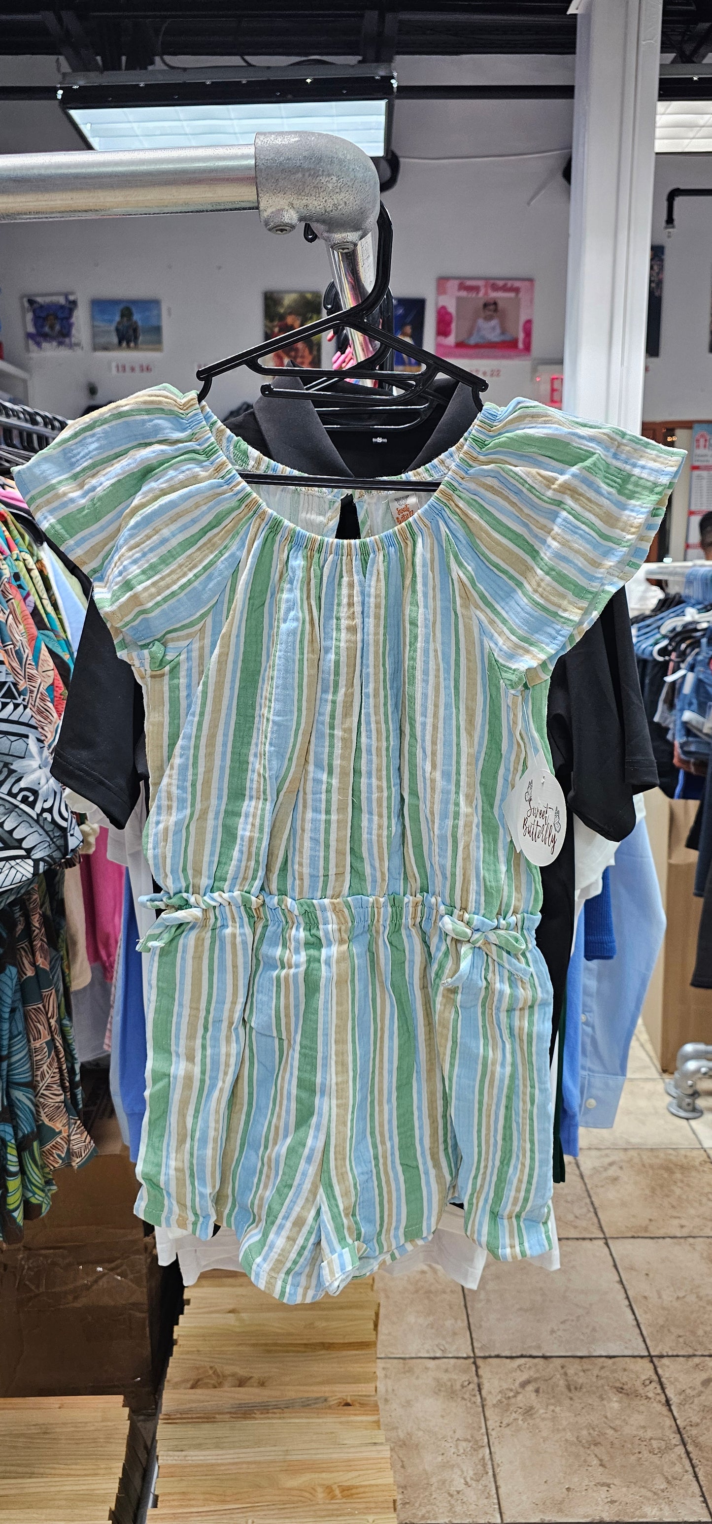WM Sweet butterfly girls dress blue and green stripe, HI girls woven romper
