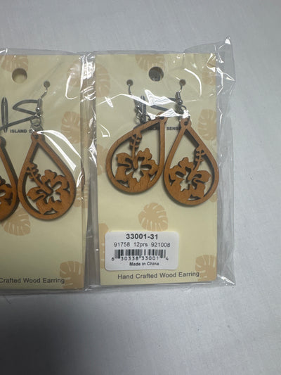 Wood Carved Hibiscus Tear Drop Earrings
