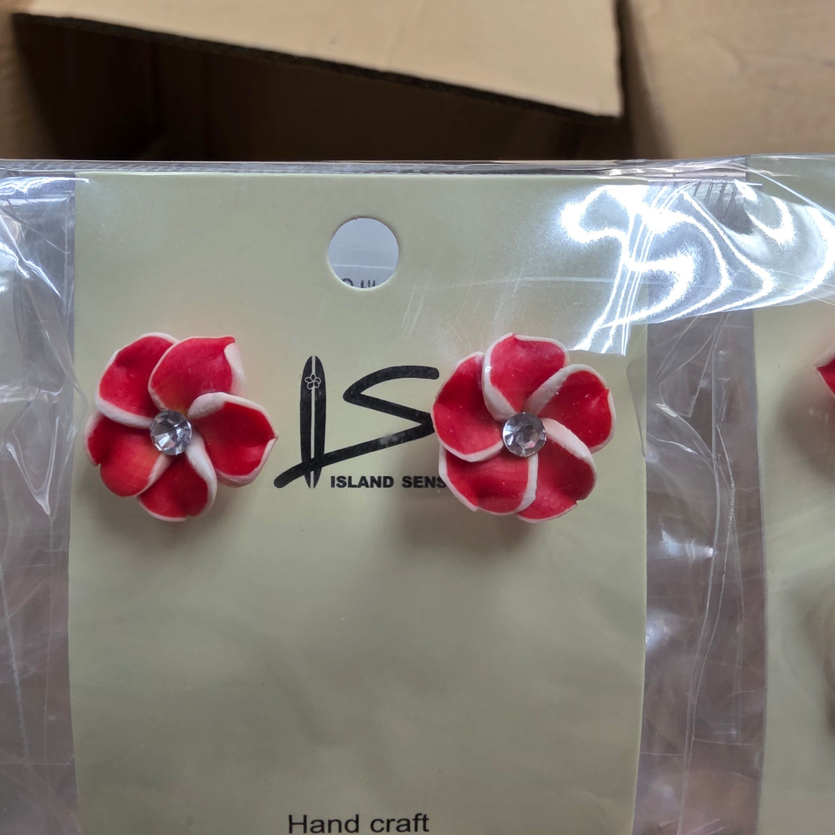 14mm red Fimo flower earrings with CZ stone