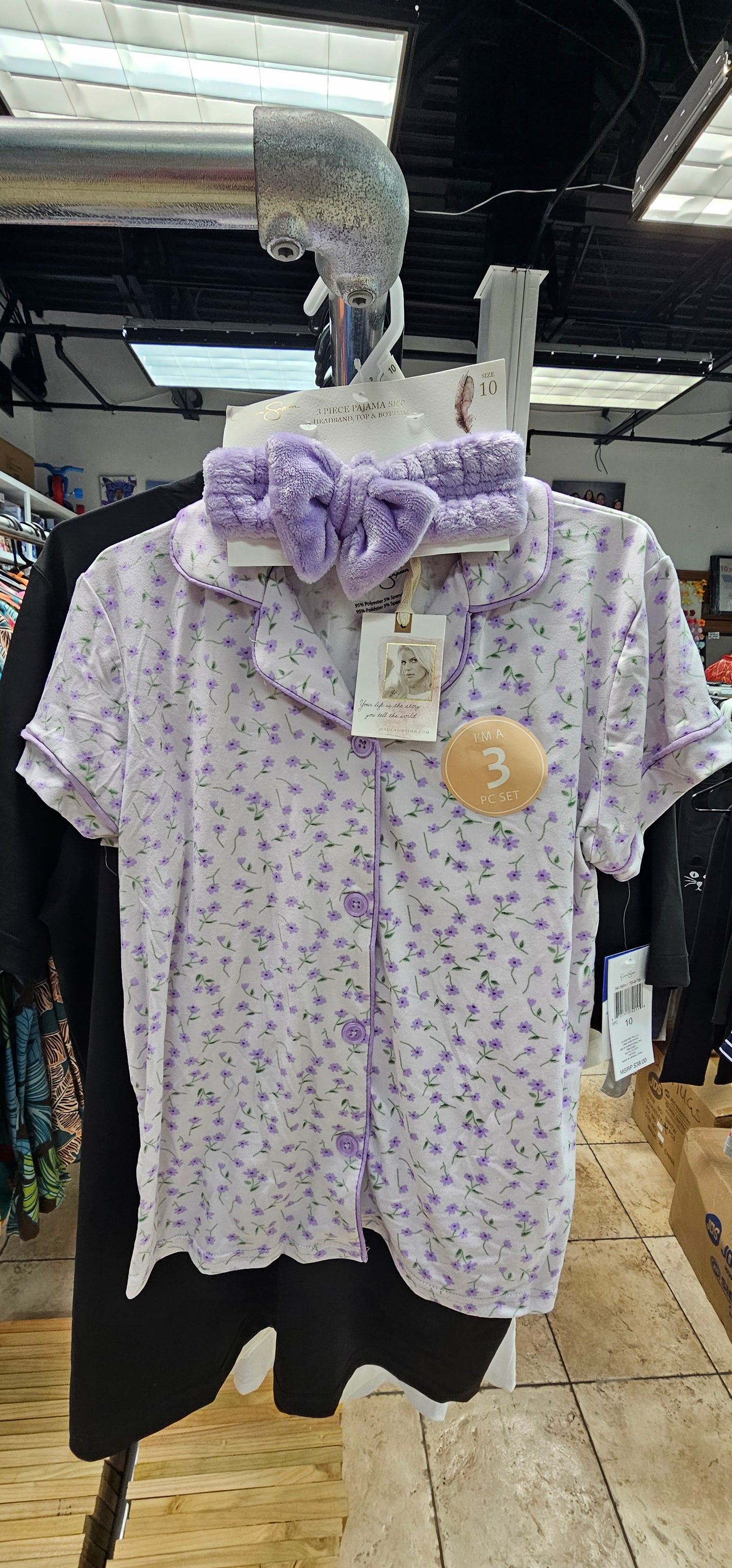rs jessica simpson 3 piece set, purple green and pink girls sleepwear
