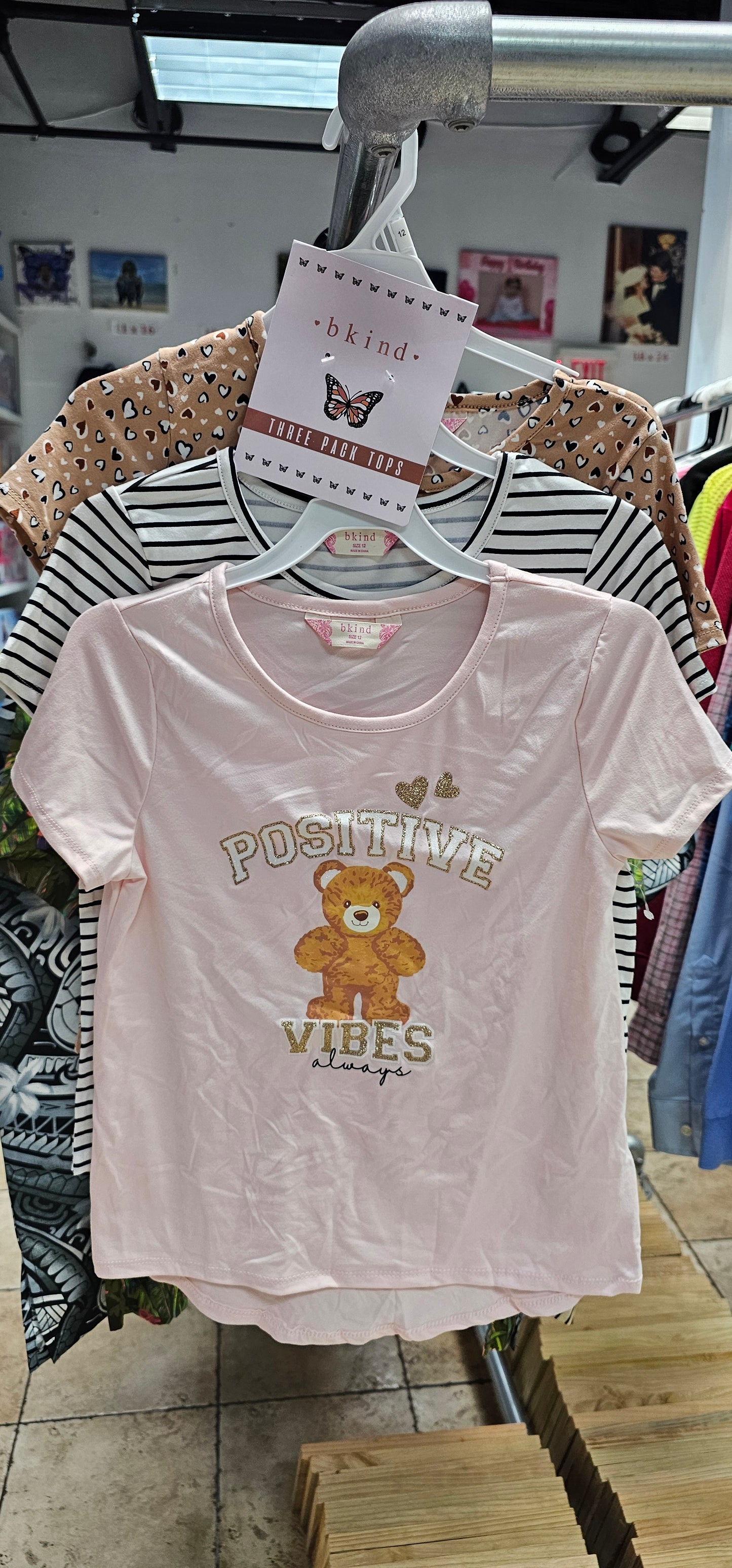 rs bkind 3 piece tops pink white with black stripes and brown with hearts size 12