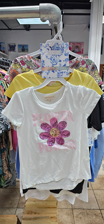 rs btween 3 pack girls tops flower power white , yellow and big flowers size 6