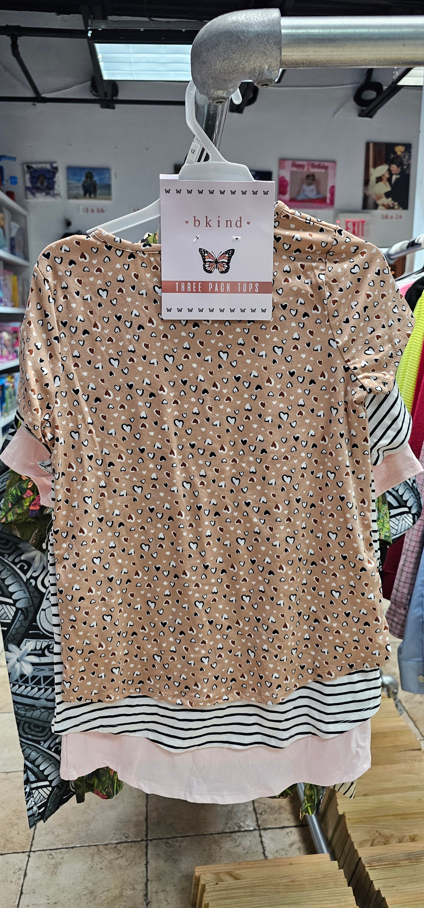 rs bkind 3 piece tops pink white with black stripes and brown with hearts size 12